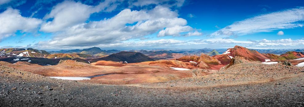 Panoramic true Icelandic landscape view of colorful rainbow volcanic Landmannalaugar mountains, volcanoes, valleys and famous Laugavegur hiking trail at blue sky, Iceland