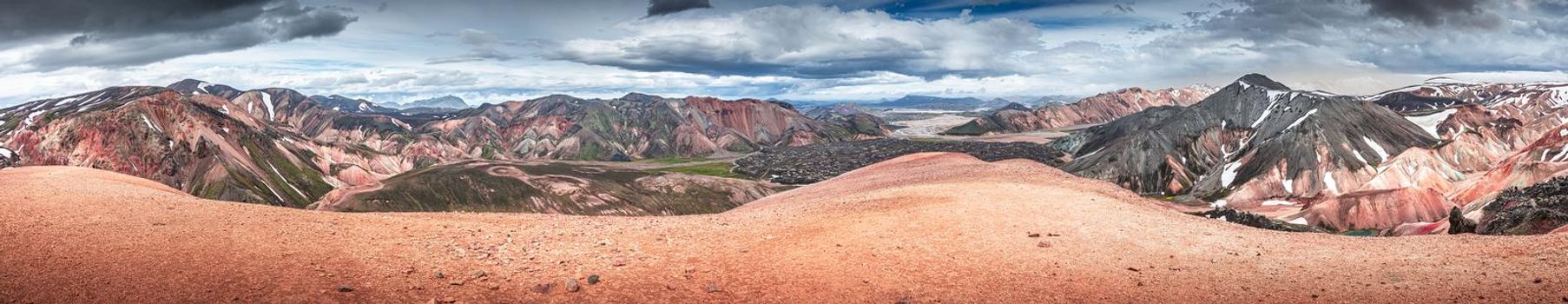 Panoramic landscape view of colorful rainbow volcanic Landmannalaugar mountains with dramatic sky in Iceland, summer