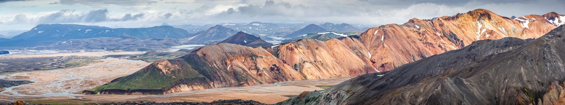 Panoramic landscape view of colorful rainbow volcanic Landmannalaugar mountains, Nordurbarmur range, wide river flooding and camping site in Iceland, summer