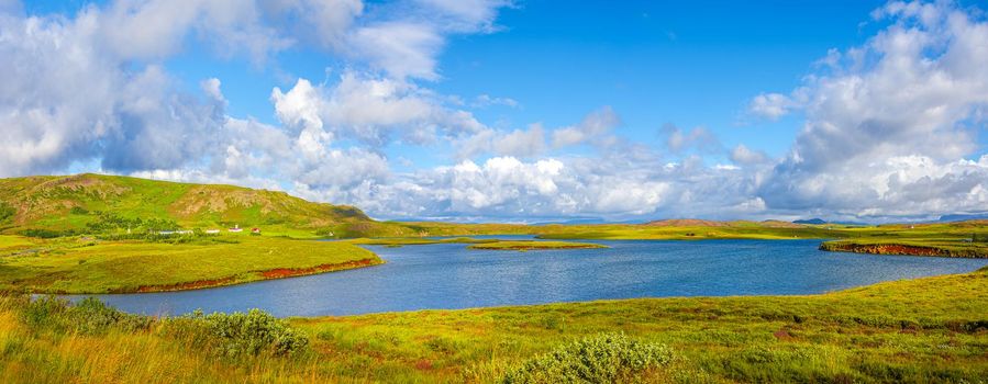 Panoramic view over beautiful summer landscape at the Thingvallavatn lake in Iceland, blue sky