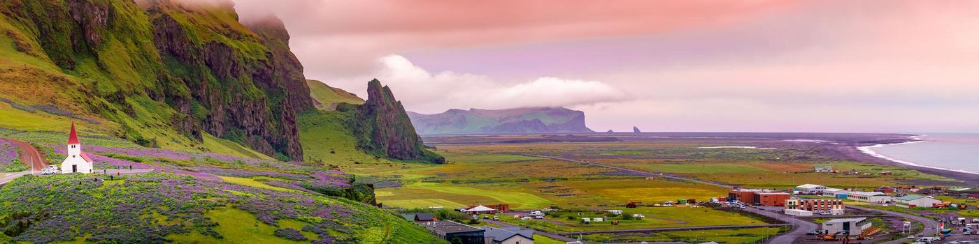 Panoramic view over sunset at black sand beach, small city Vik and violet lupine flowers and lonely church, South Iceland