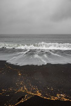 View of volcanic black sand beach and the ocean waves near Vik, South Iceland