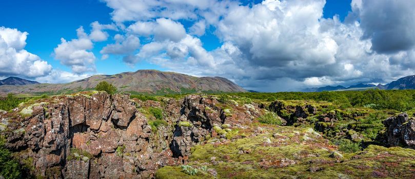 Panoramic view over rough and colorful landscape in Iceland, summer