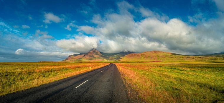 Panoramic view over rough and colorful landscape in Iceland, summer