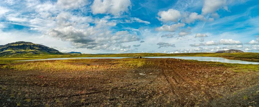 Panoramic view over rough and colorful landscape in Iceland, summer