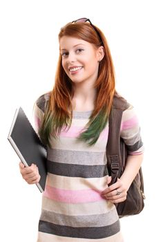 Smiling young fashionable female student with backpack holding a notebook, isolated on white background. Student ready for class. Education and back to school concept.