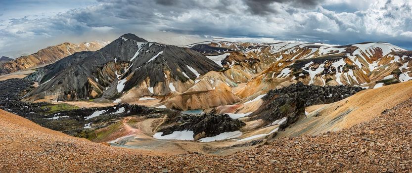 Panoramic view over iconic colorful rainbow volcanic mountains Landmannalaugar in Iceland, summer, dramatic scenery