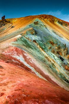 Iconic colorful rainbow volcanic mount Brennisteinsalda (Sulphur Wave) in Landmannalaugar mountain region in Iceland, summer, blue sky