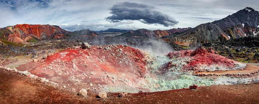 Panoramic view of colorful rainbow like and smoky rhyolite volcanic mountains Landmannalaugar in Icelandic Highlands as pure wilderness in Iceland