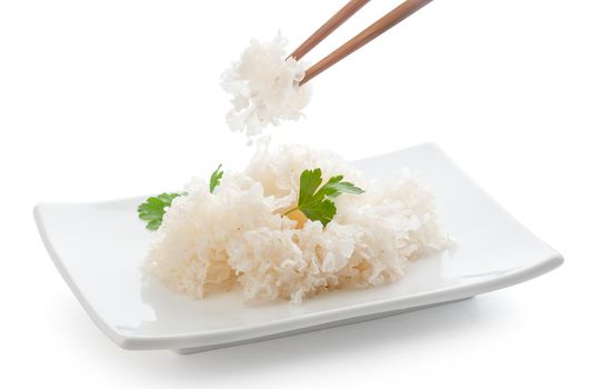Marinated Korean-style snow fungus on the white plate