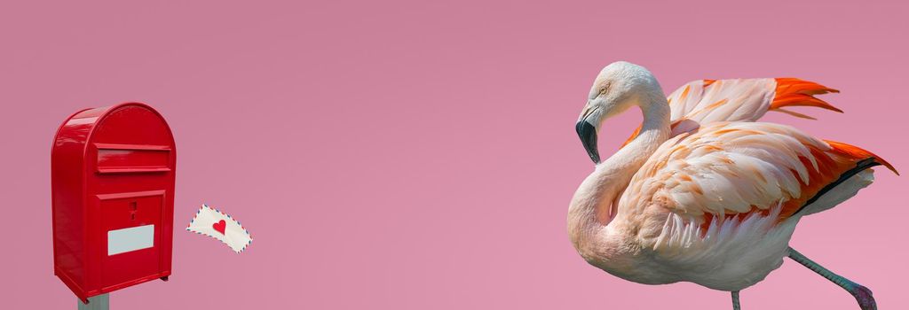 Banner with beautiful rosy flamingo waiting for a love letter from a red post box at smooth light pink gradient background with copy space, closeup, details. Love, dating and glamour concept