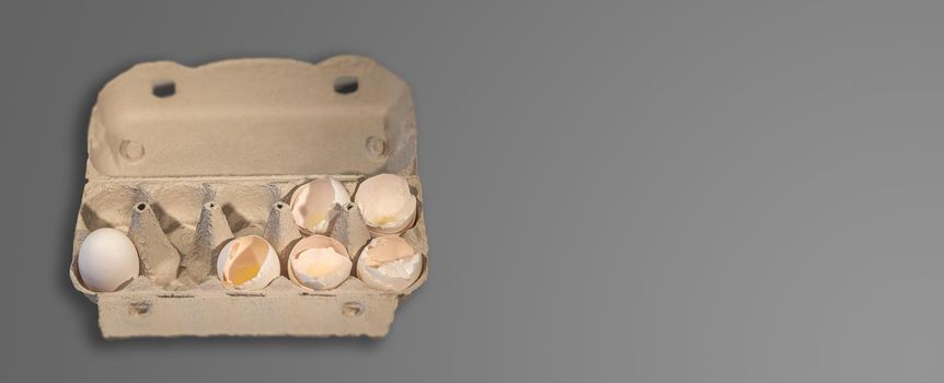 Banner with eggs packaging carton box with 5 broken chicken eggs and one not, Design concept for uncertainty, fate, fear, cruelty of life, unavoidable sacrifices