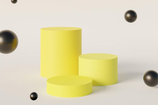 Yellow cylinder stand or pedestal for products with soaring spheres. 3D rendering in minimal style.