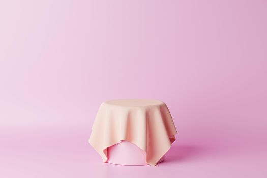 Pastel pink cylinder podium or pedestal for products or advertising with cloth. 3D rendering in minimal style.