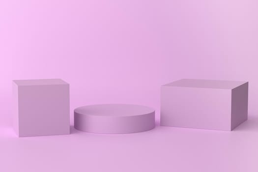 Purple cubes and cylinder shape stand or pedestal for products. 3D rendering