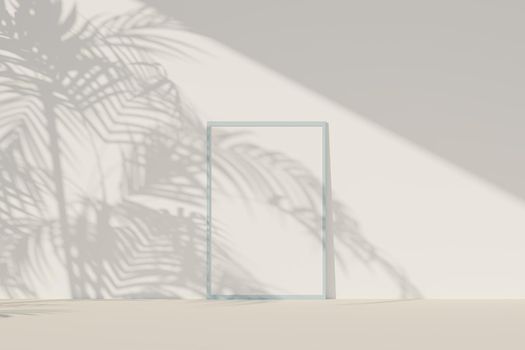 Picture frame mockup with white paper, tropical leaves shadow. 3D rendering template in minimal style.