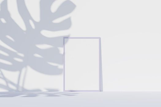 Picture frame mockup with white paper, monstera leaves shadow. 3D rendering template in minimal style.