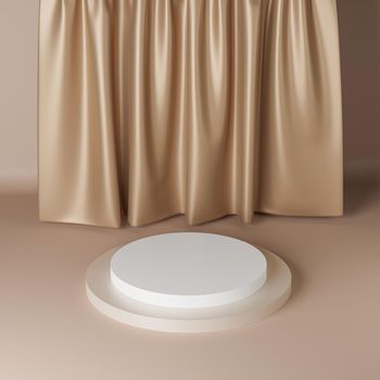 Beige cylinder podium or pedestal for products or advertising near to curtains. 3D rendering.