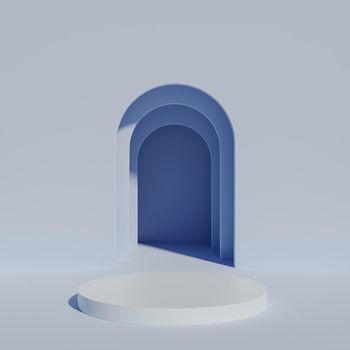 Blue cylinder podium or pedestal for products or advertising near to empty entrance. 3D minimal rendering.