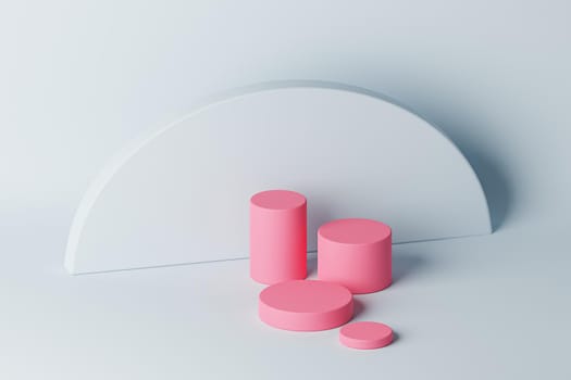 Pink cylinder podium or pedestal for products or advertising on light blue background. 3D rendering.