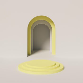 Yellow cylinder podium or pedestal for products or advertising near to grey empty entrance. 3D minimal rendering.
