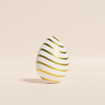 Easter egg with golden stripes pattern on beige background, spring April holidays card, 3d illustration render