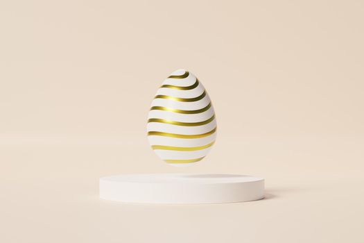 Easter egg with golden stripes pattern on white podium, beige background, spring April holidays card, 3d illustration render