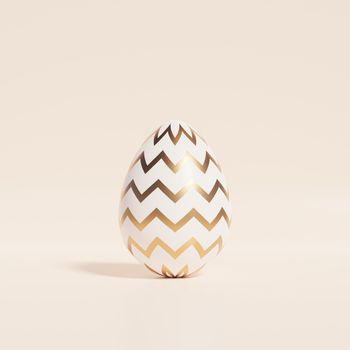 Easter egg with golden chevron or zigzag pattern on beige background, spring April holidays card, 3d illustration render