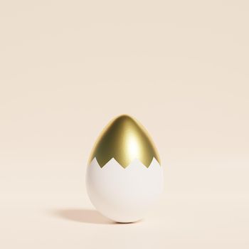 Easter egg decorated with golden texture on beige background, spring April holidays card, 3d illustration render