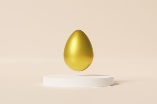 Easter egg decorated with gold on white podium, beige background, spring April holidays card, 3d illustration render