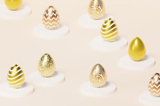 Easter eggs decorated with gold on podiums, beige background, spring April holidays card, isometric 3d illustration render