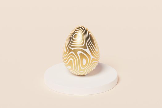 Easter egg decorated with gold on podium, beige background, spring April holidays card, isometric 3d illustration render