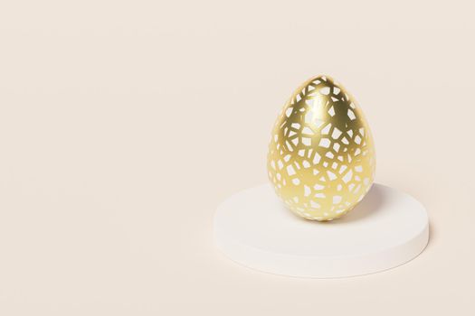 Easter egg decorated with gold on podium, beige background, spring April holidays card, isometric 3d illustration render
