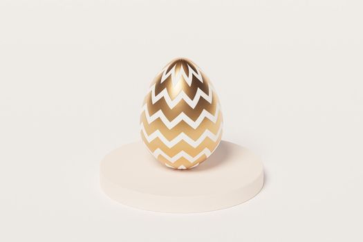 Easter egg decorated with gold on podium, beige background, spring April holidays card, isometric 3d illustration render