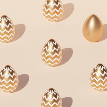 Easter eggs pattern decorated with gold, beige background, spring April holidays card, isometric 3d illustration render