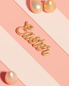 Golden metallic shiny typography Easter on striped beige background near to painted eggs. 3d illustration render