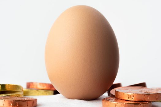 Easter egg standing on a cotton ball and on white background