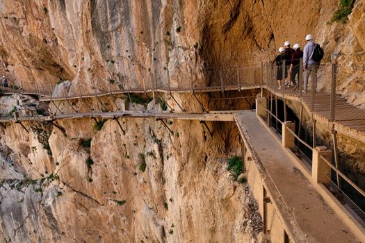 People in suspended track in the Caminito del Rey gorge