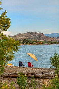 Tourist camp ground on the shore of the lake. Warm summer evening on Osoyoos lake