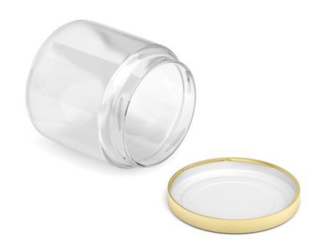 Open glass jar and golden cap on white background