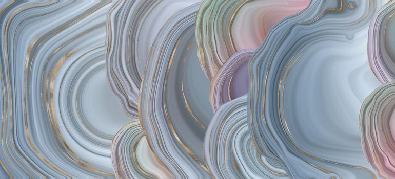 Agate stone texture with gold. Blue grey Fluid marbling effect with gold vein. Horisontal abstract Agate Background in pastel colours. Illustration