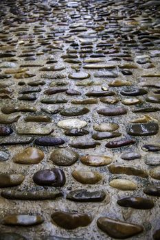 Detail of cobblestone floor wet from rain