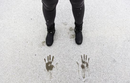 Footprints and footprints in snowy terrain, December and Christmas