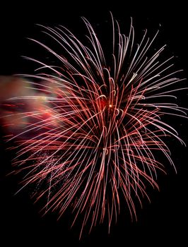 Colorful fireworks isolated on black sky background.