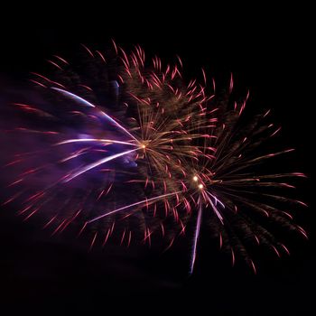 Colorful fireworks isolated on black sky background.