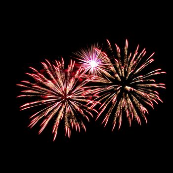 Colorful fireworks isolated on black sky background.