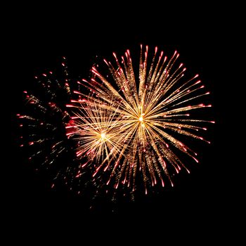 Colorful fireworks isolated on black sky background.