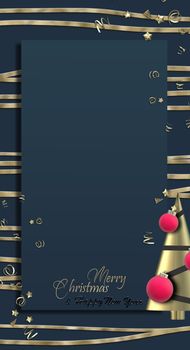 Christmas menu template, Vertical holiday greetings, corporate business Xmas card, luxury design with abstract Xmas tree, gold text Merry Christmas Happy New Year. 3D render