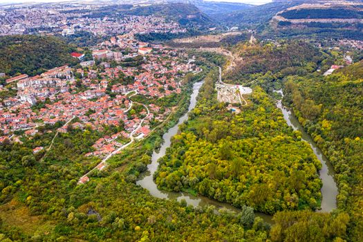 Aerial view from drone of the big curve of the river near city, Yantra and Veliko Tarnovo, Bulgaria