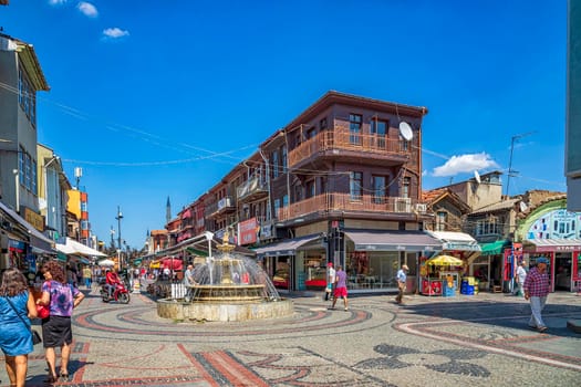Edirne, Turkey - August 29, 2019: View of the fountain and the pedestrian promenade in the center of Edirne in Edirne, Turkey.